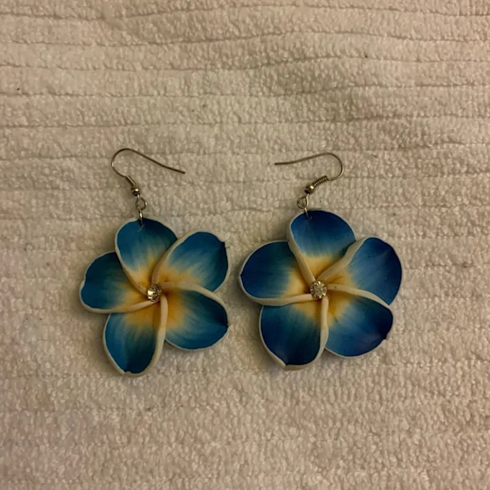 Hawaiian blue and yellow flower drop earrings